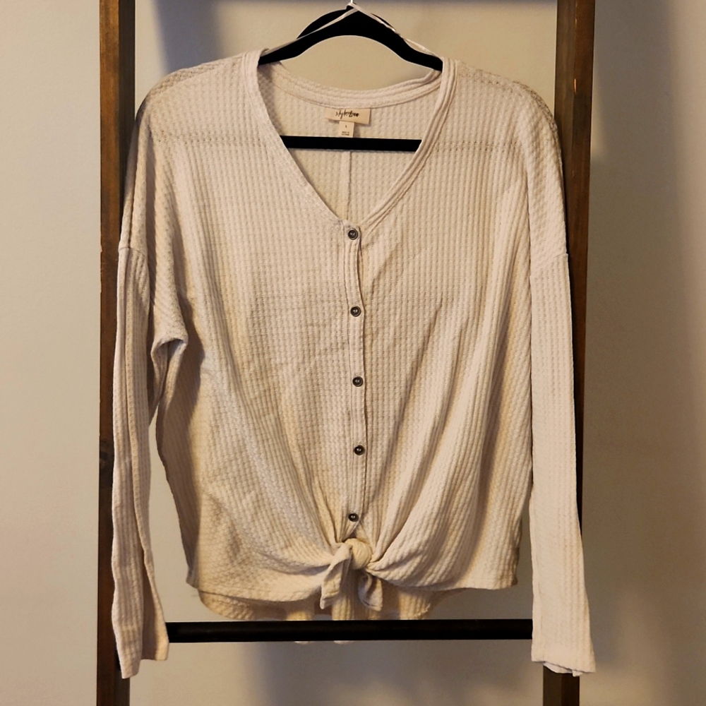 Waffle knit front tie sweater